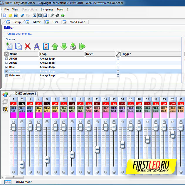 Скриншот программы для DMX контроллера Sunlite SLESA-IP1